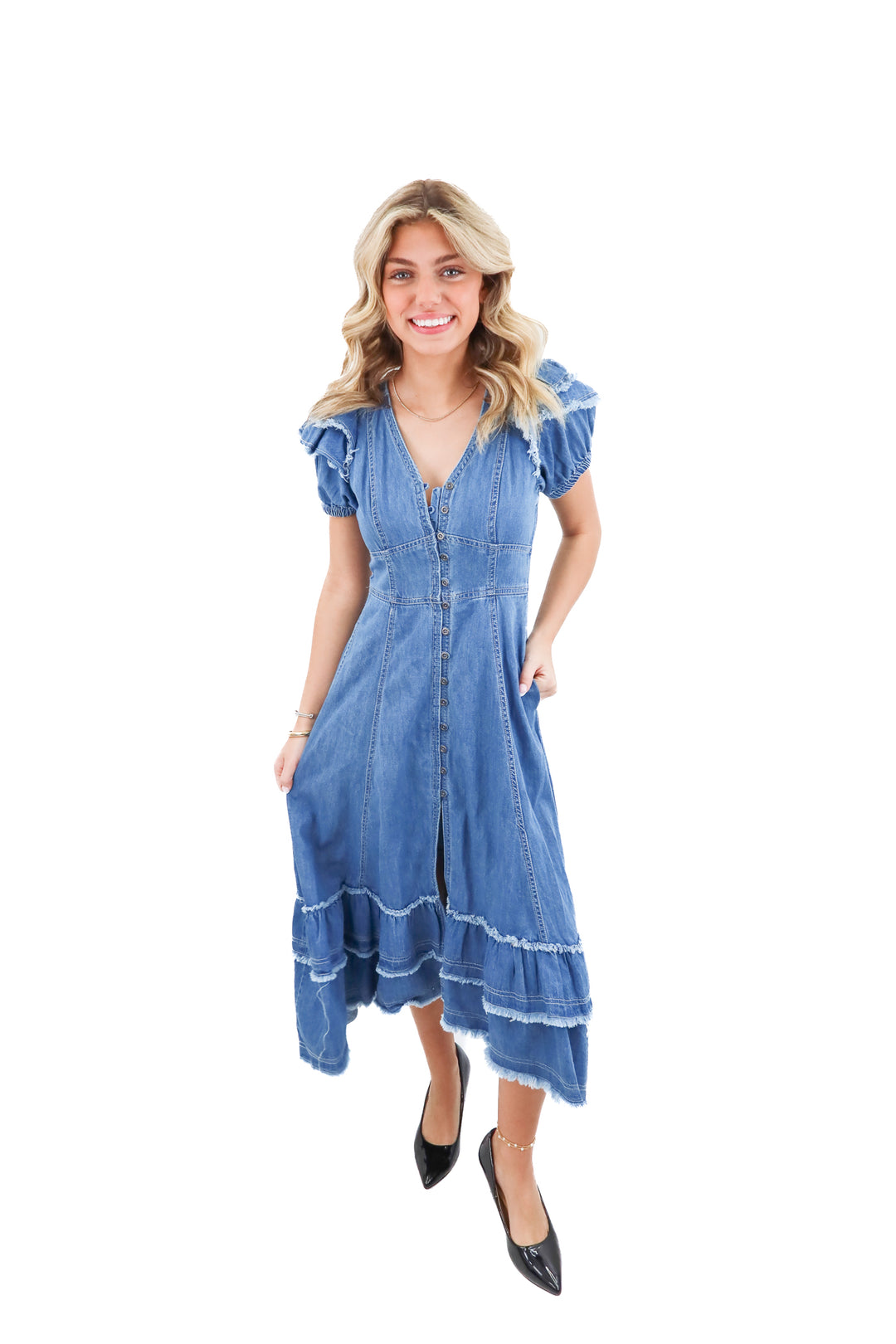 anthropologie denim frayed maxi dress nwt (xs; retail $198)