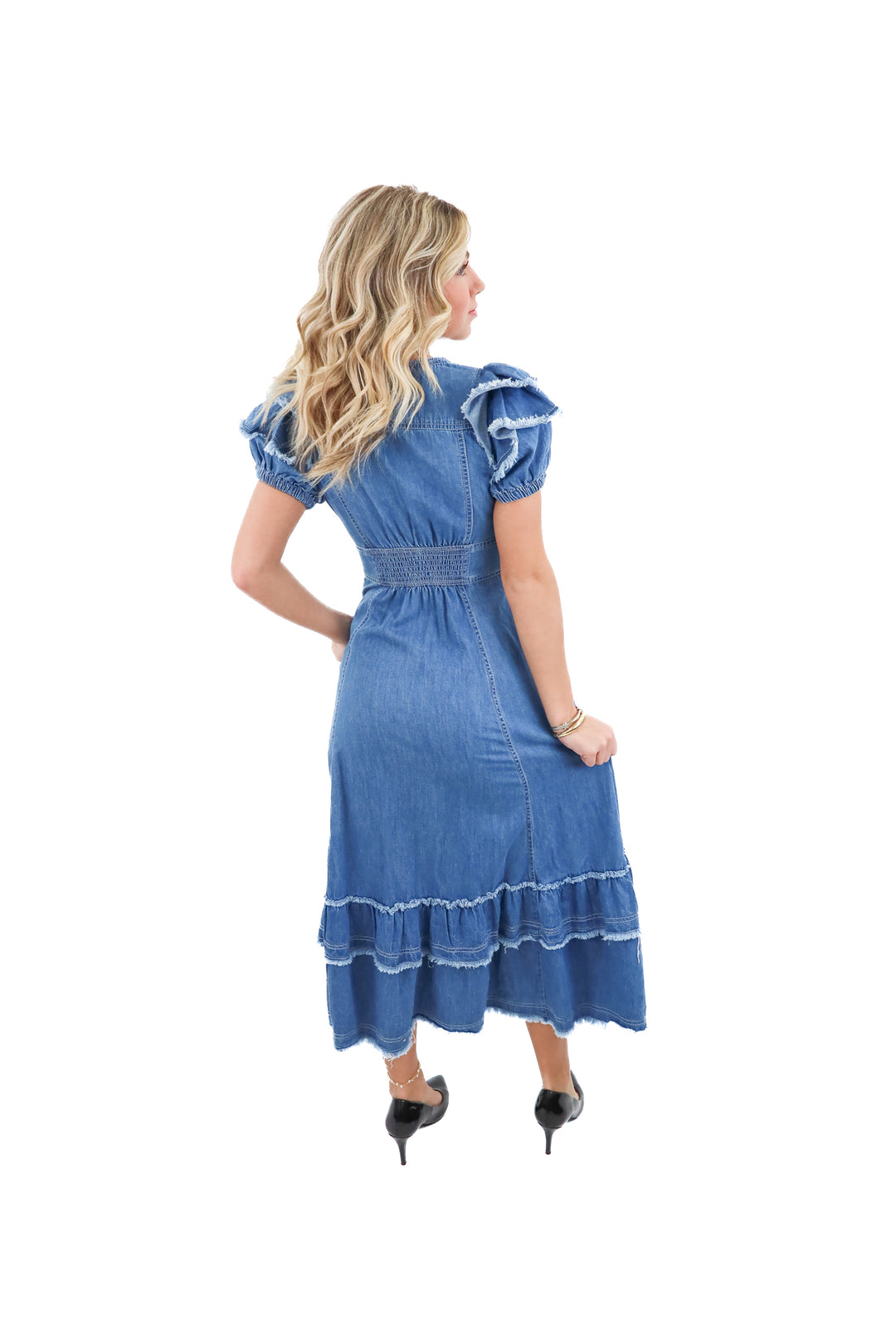 anthropologie denim frayed maxi dress nwt (xs; retail $198)
