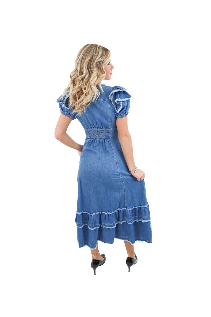anthropologie denim frayed maxi dress nwt (xs; retail $198)