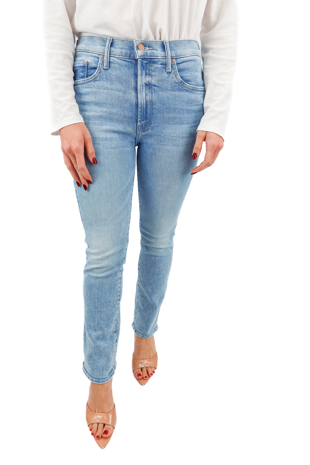 mother light wash straight leg jeans (27; retail $238)