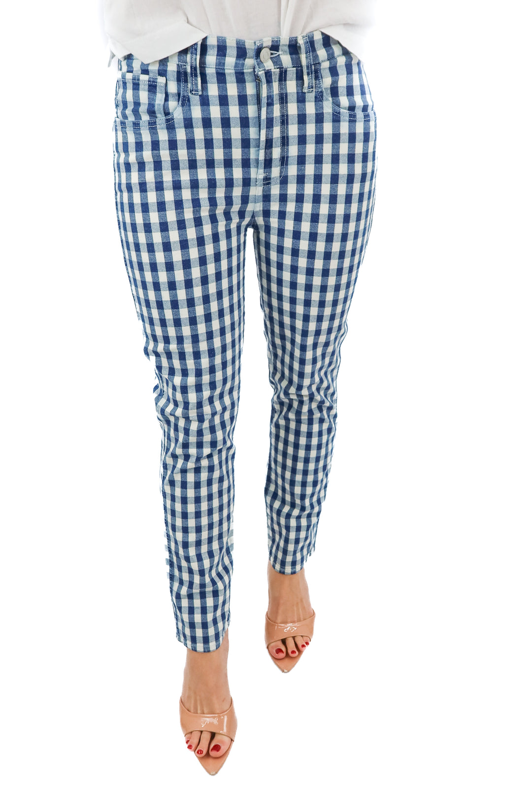 j.crew blue plaid skinny jeans (27; retail $128)