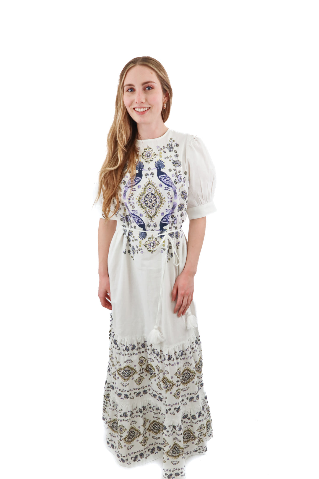 happy nature white floral/bird maxi dress (s; retail $145)