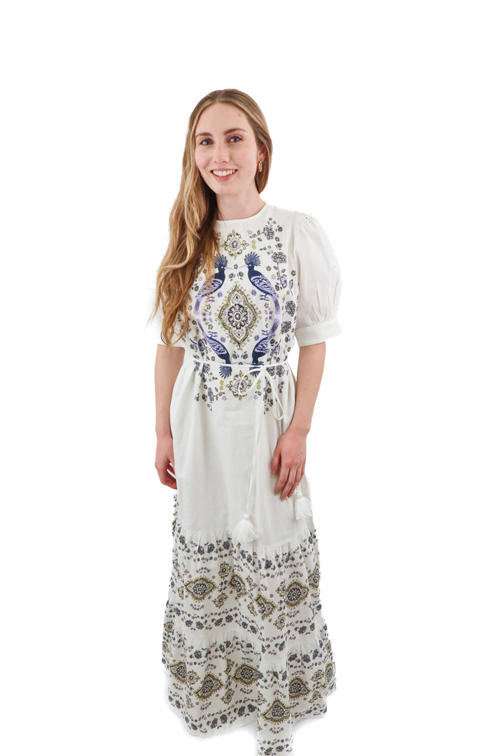 happy nature white floral/bird maxi dress (s; retail $145)