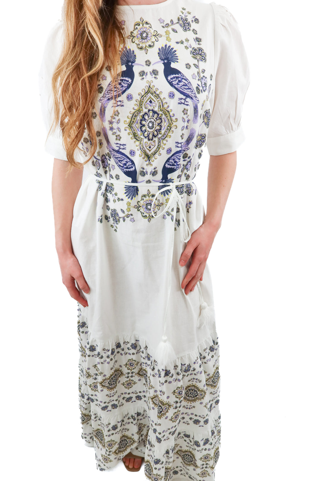 happy nature white floral/bird maxi dress (s; retail $145)