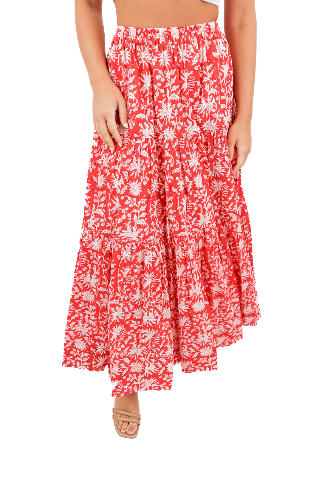 malabar collective red floral maxi skirt (1; retail $160)