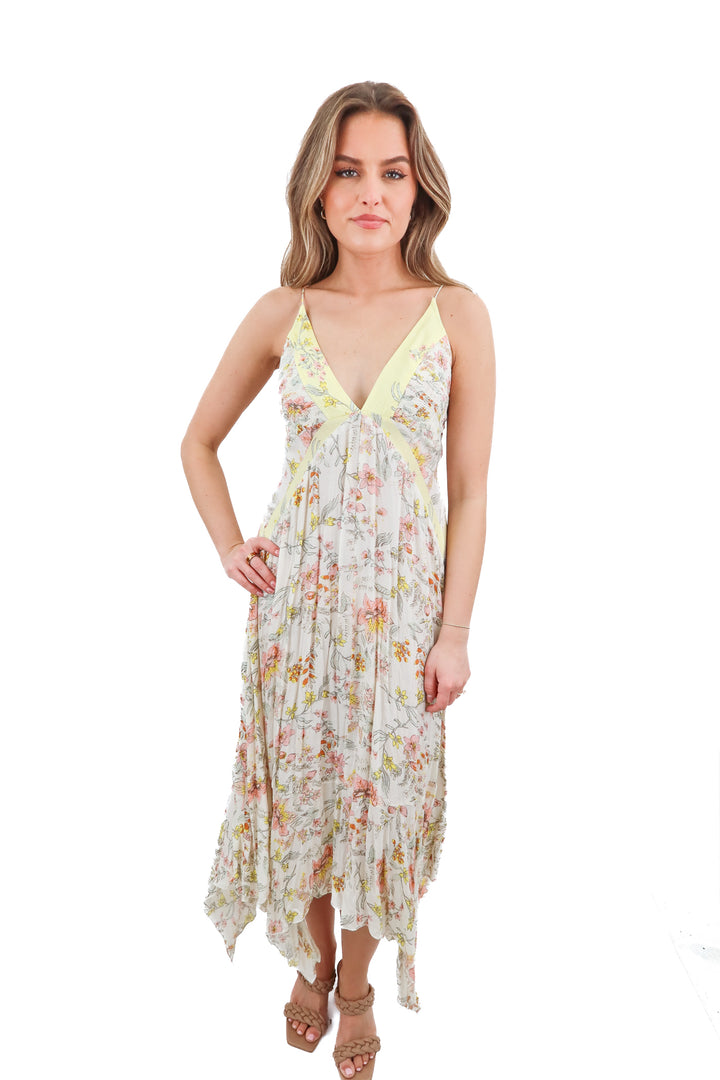 free people intimates yellow floral midi dress (s; retail $168)