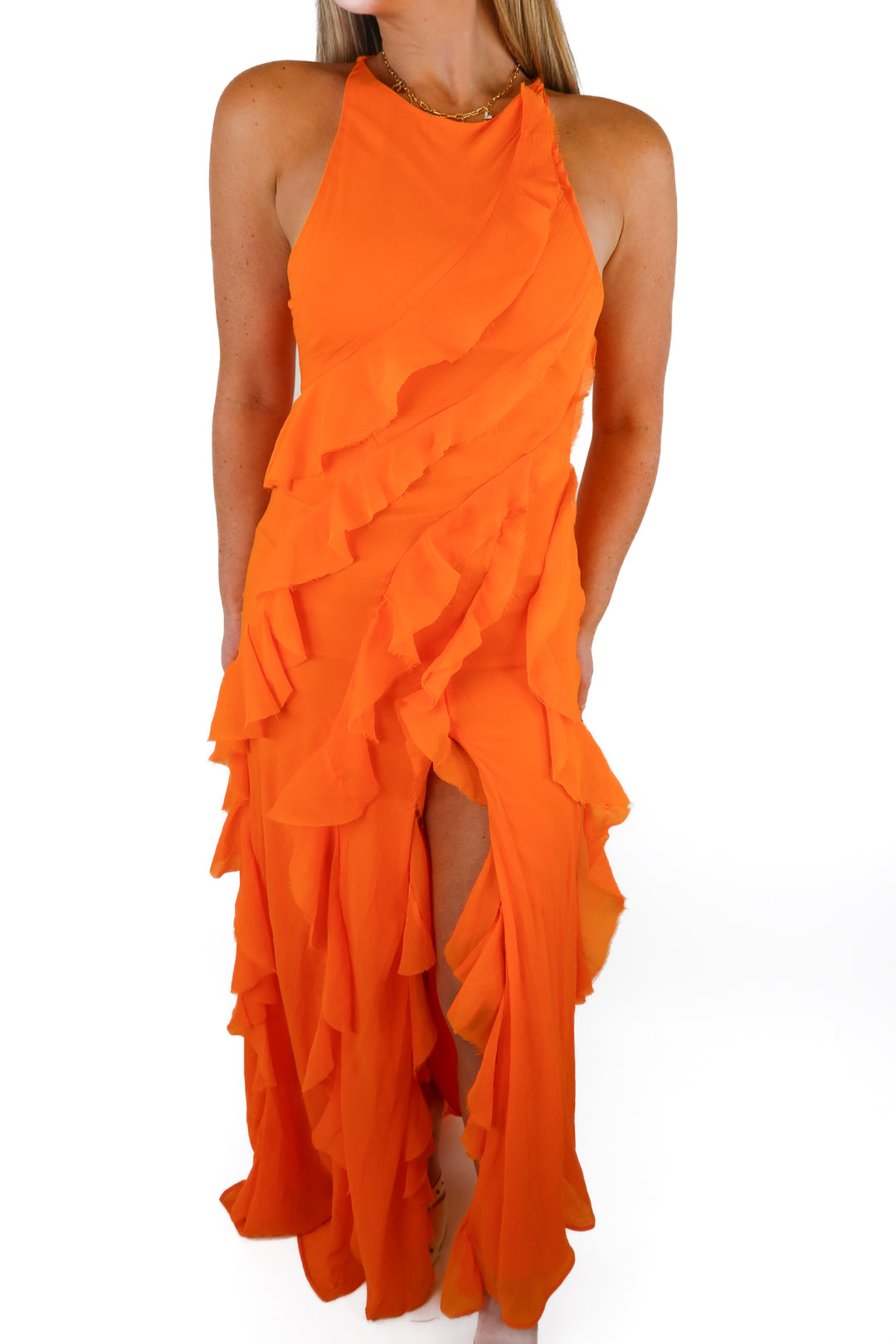 Asos orange ruffle midi dress (4)