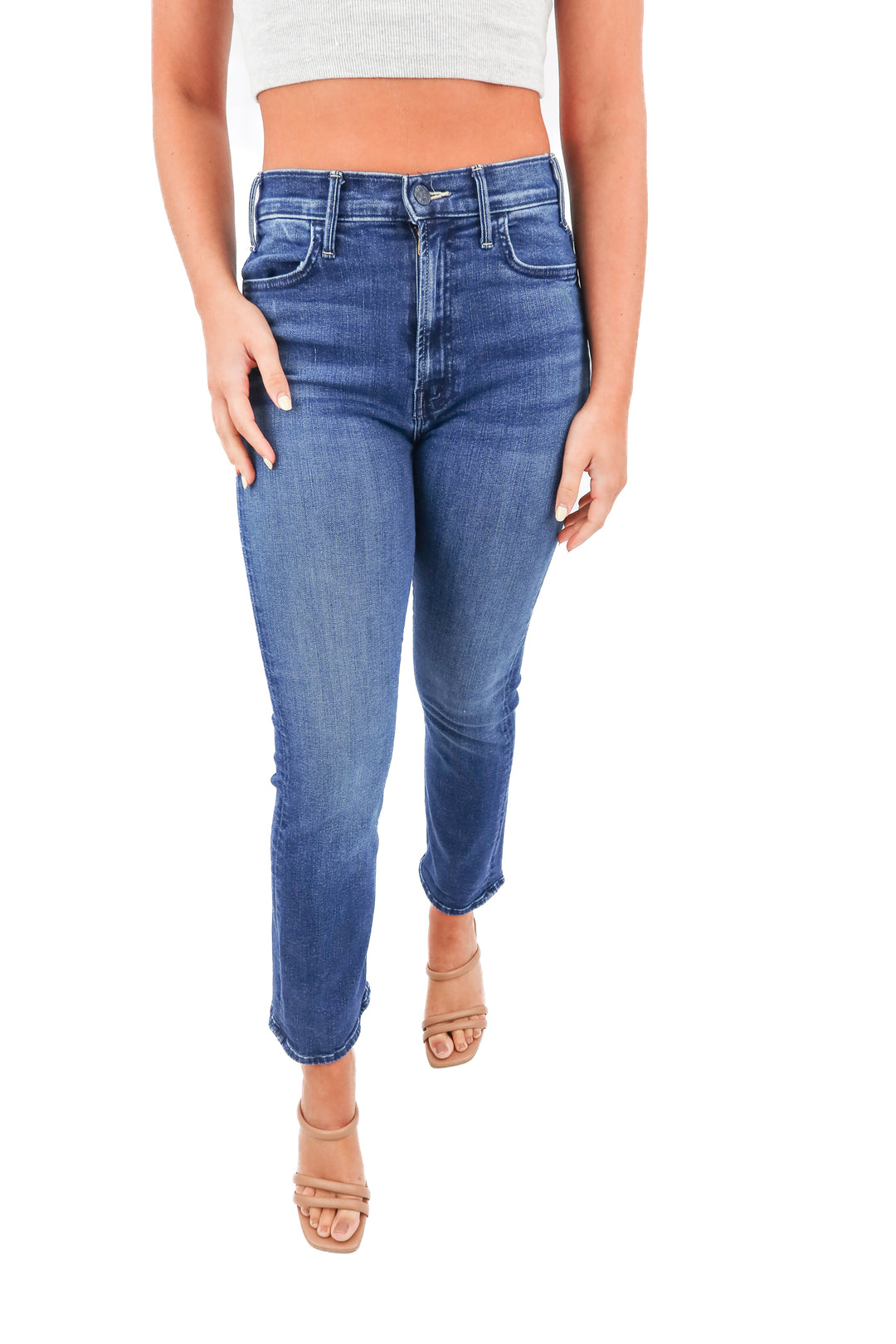 mother medium wash straight leg jeans (27; retail $238)