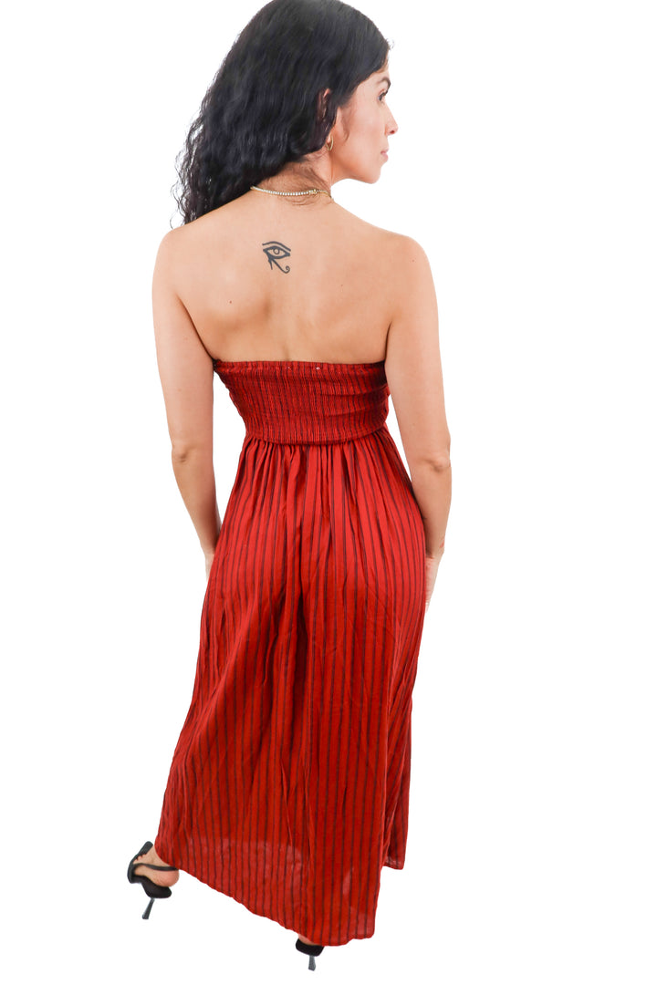 oliviaceous red striped strapless maxi dress (s)