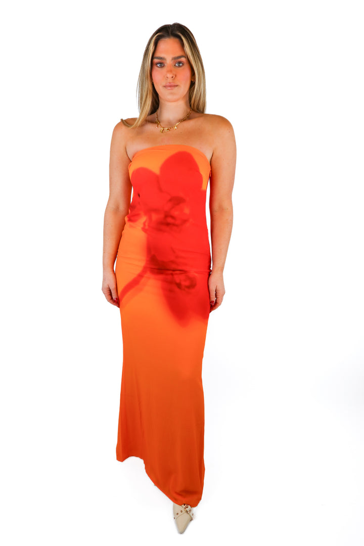 Meshki orange/red strapless maxi dress NWT (S; retail $145)