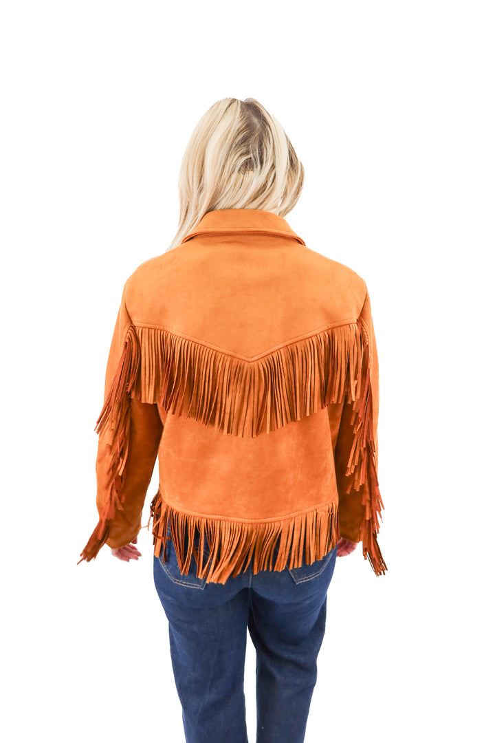 chelsea & violet brown vegan suede fringe jacket (m)