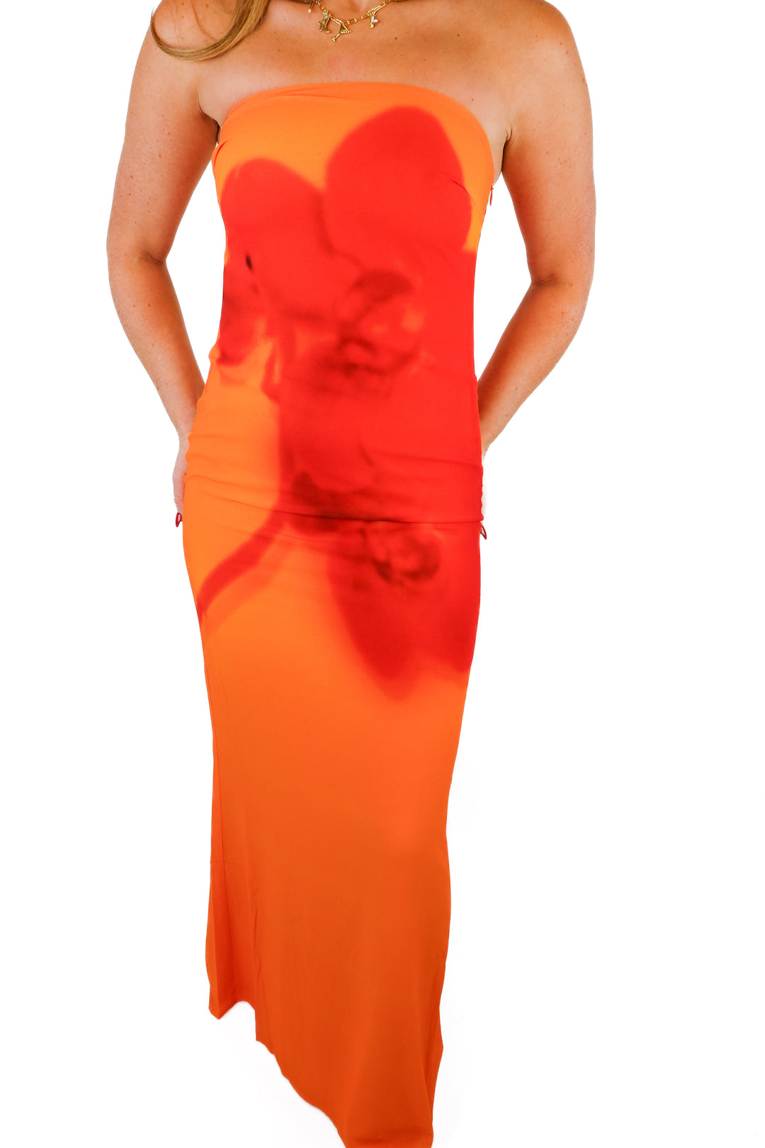 Meshki orange/red strapless maxi dress NWT (S; retail $145)
