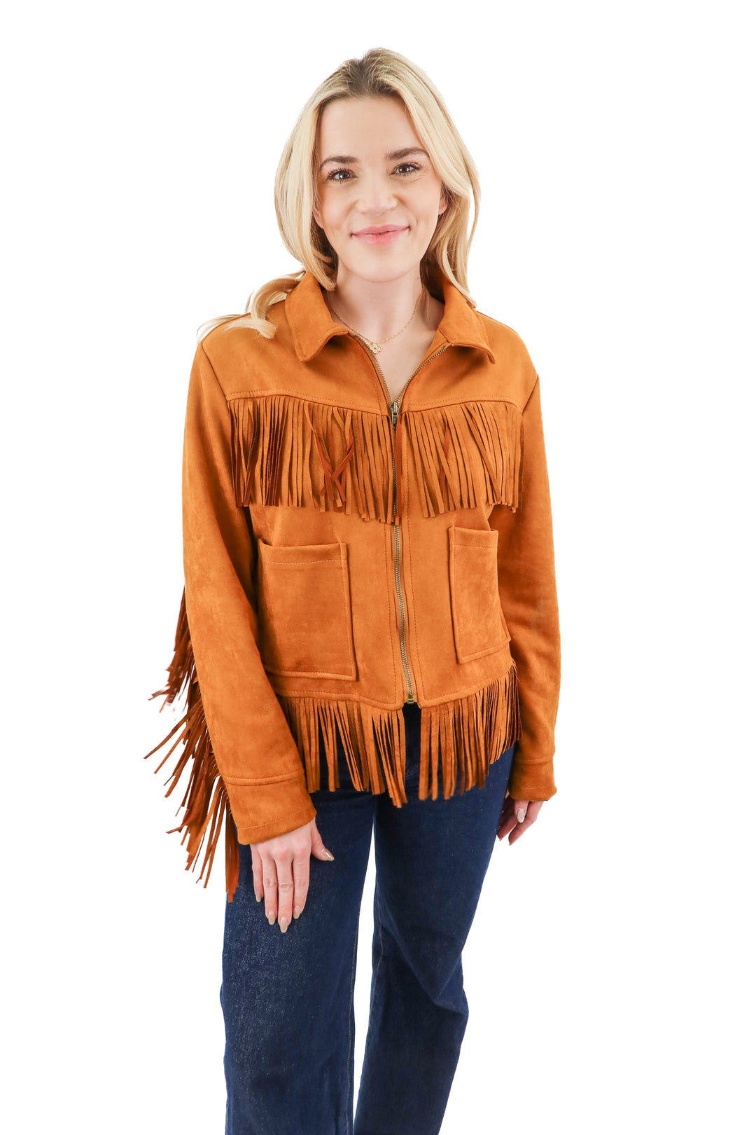 chelsea & violet brown vegan suede fringe jacket (m)