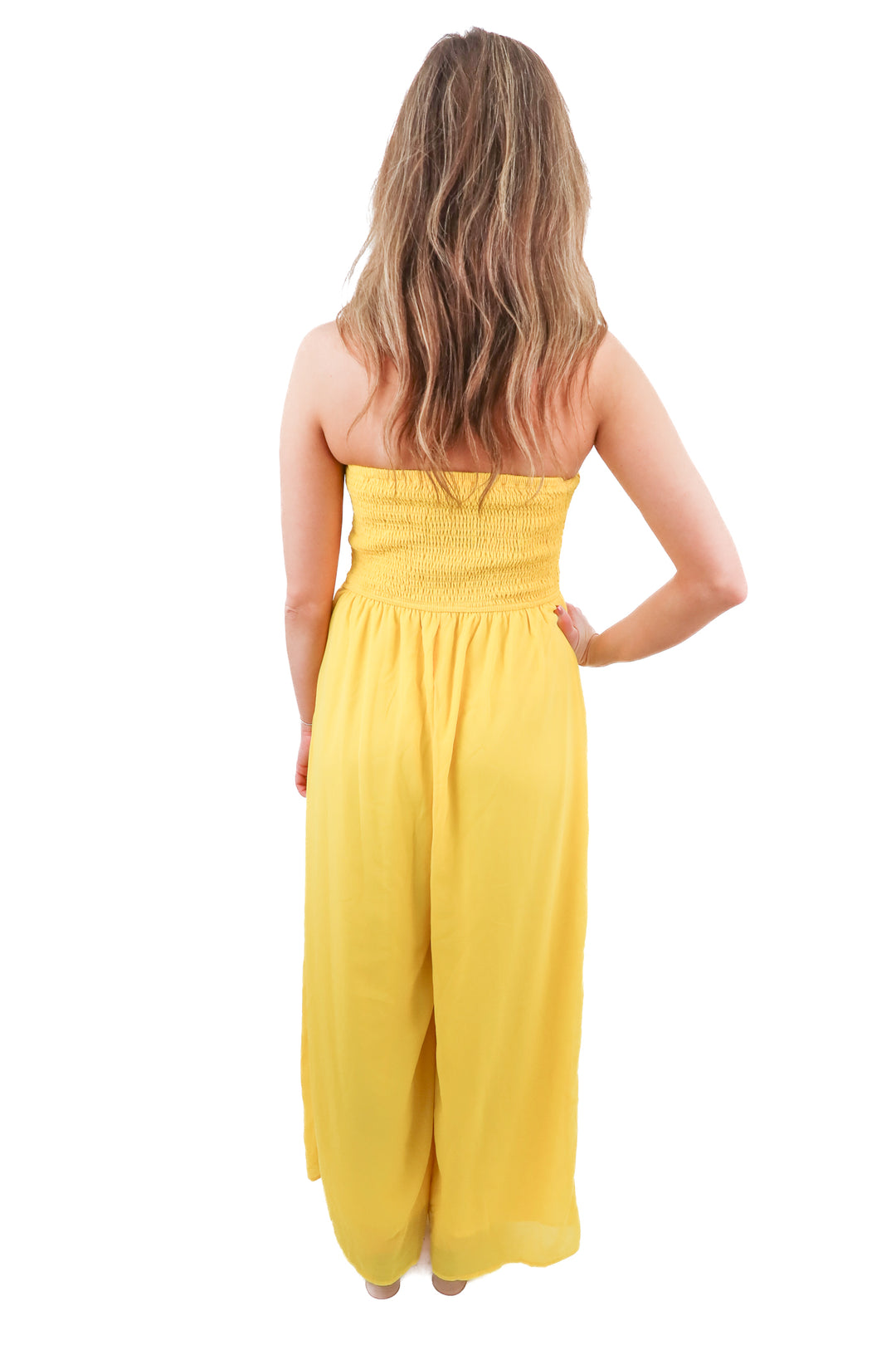 yellow smocked strapless jumpsuit NWT (s)