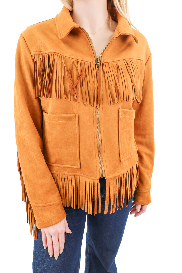 chelsea & violet brown vegan suede fringe jacket (m)