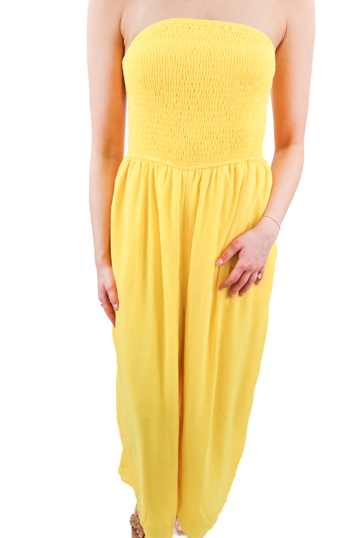 yellow smocked strapless jumpsuit NWT (s)