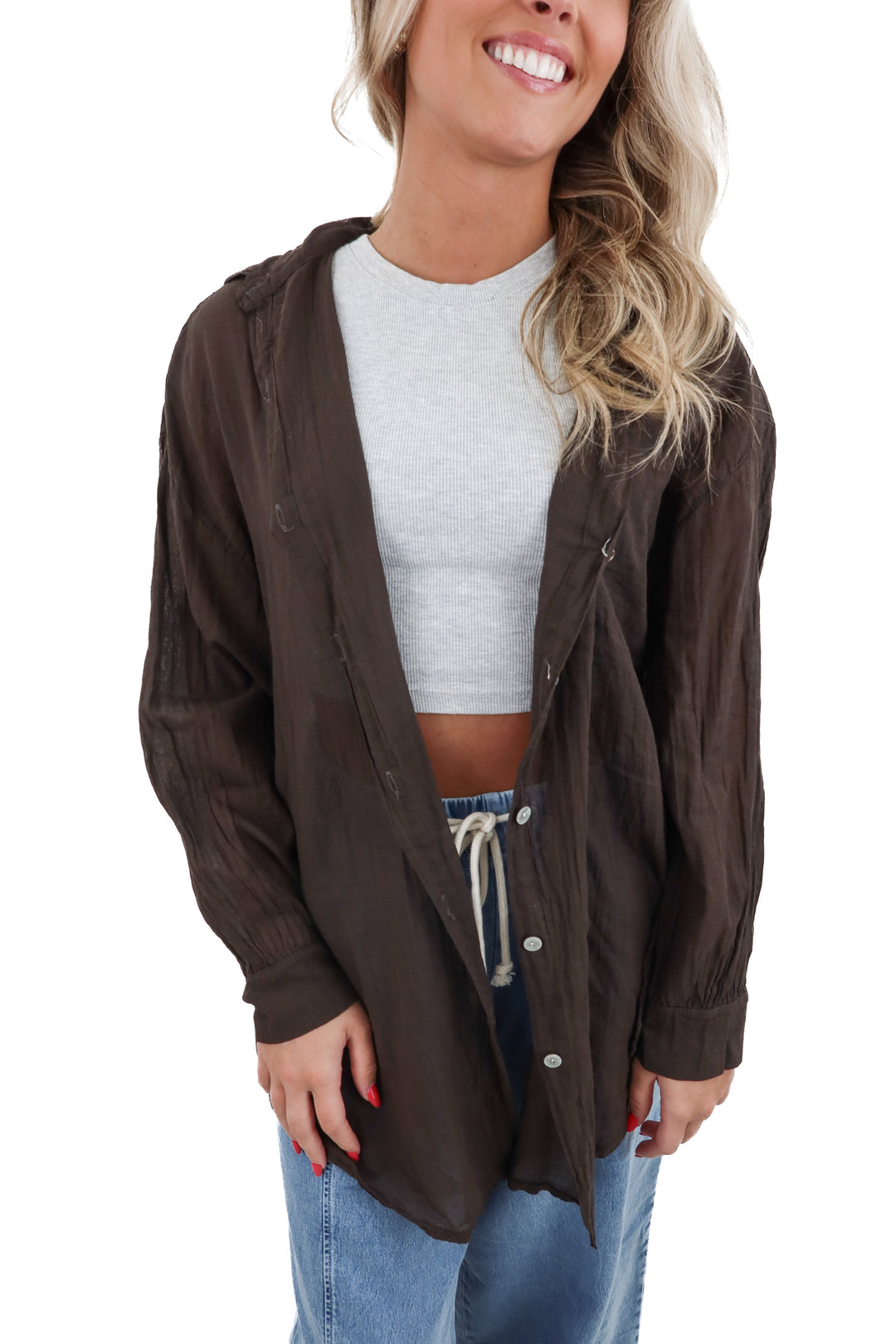 new collection brown cotton button down top(s)