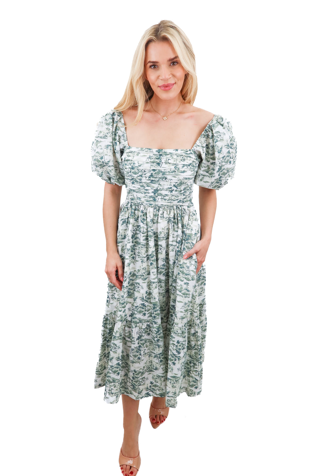 abercrombie & fitch green tropical puff sleeve dress (xs; retail $96)