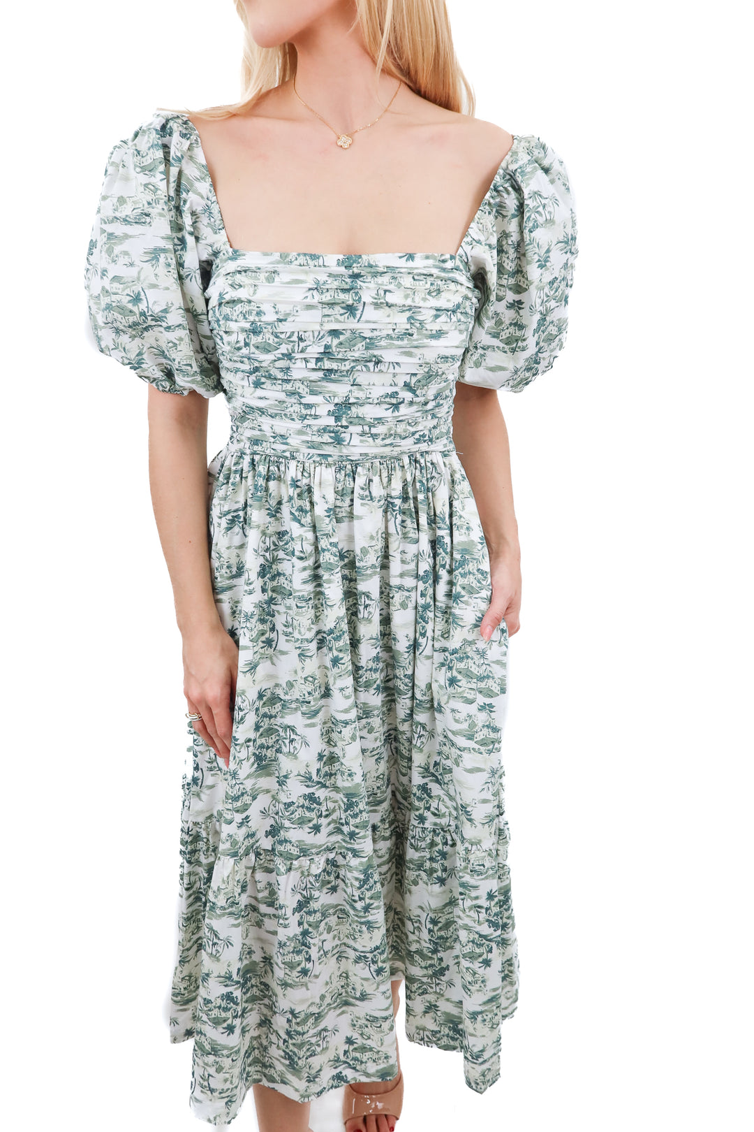 abercrombie & fitch green tropical puff sleeve dress (xs; retail $96)