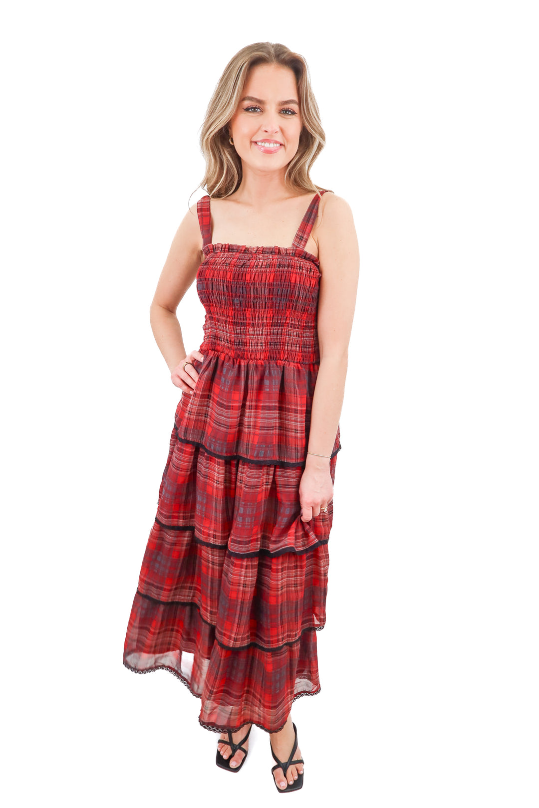 vici red plaid smocked dress (s; retail $78)