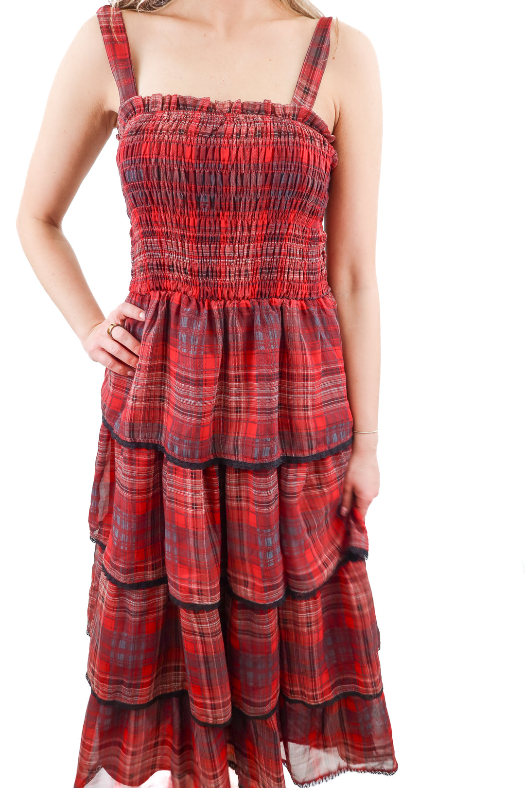 vici red plaid smocked dress (s; retail $78)