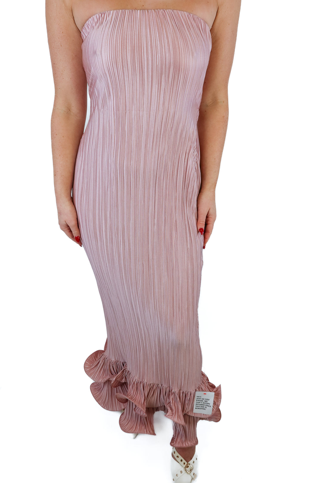 Asos light pink strapless ruched midi dress (4; retail $80)