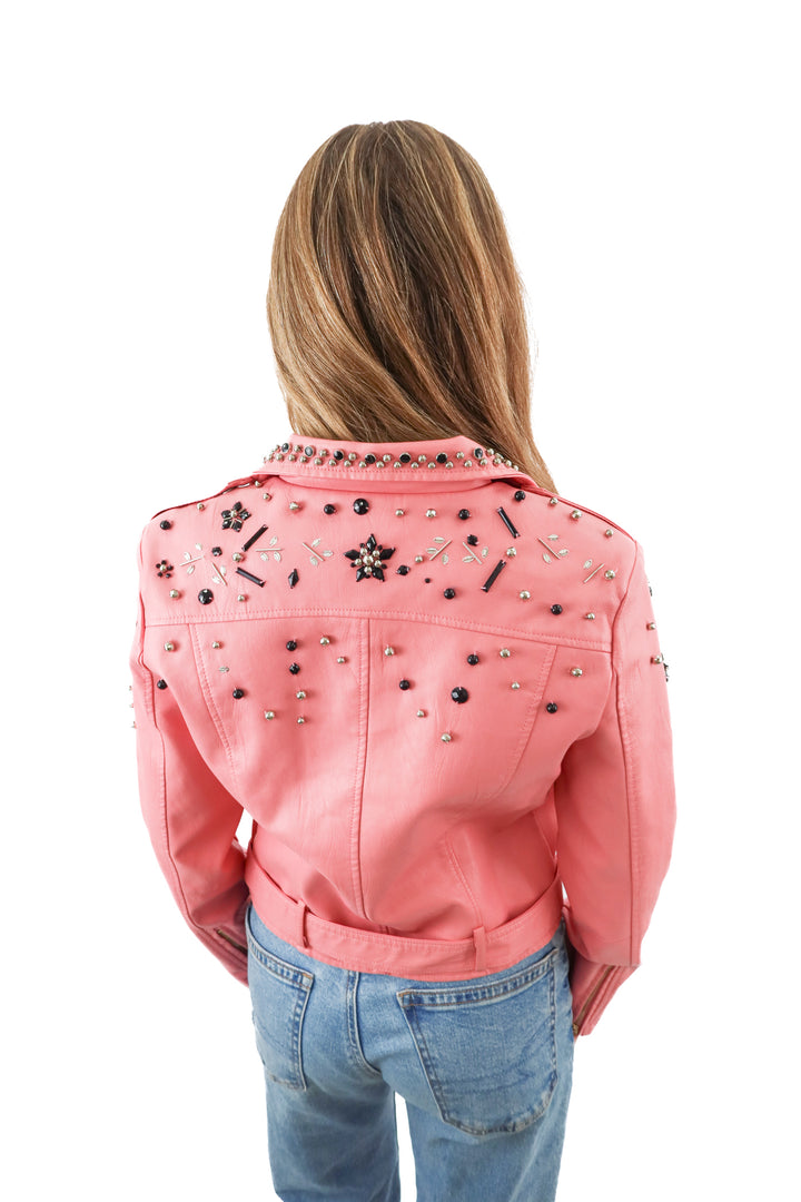 storet pink vegan leather beaded embellished jacket (s)