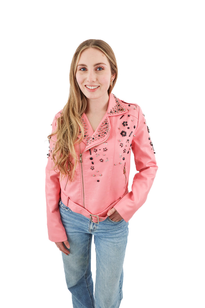storet pink vegan leather beaded embellished jacket (s)