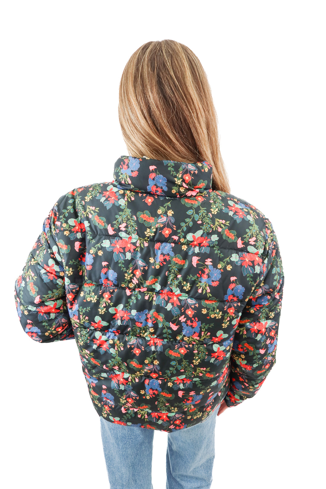 time & tru black floral quilted puffer jacket (m)