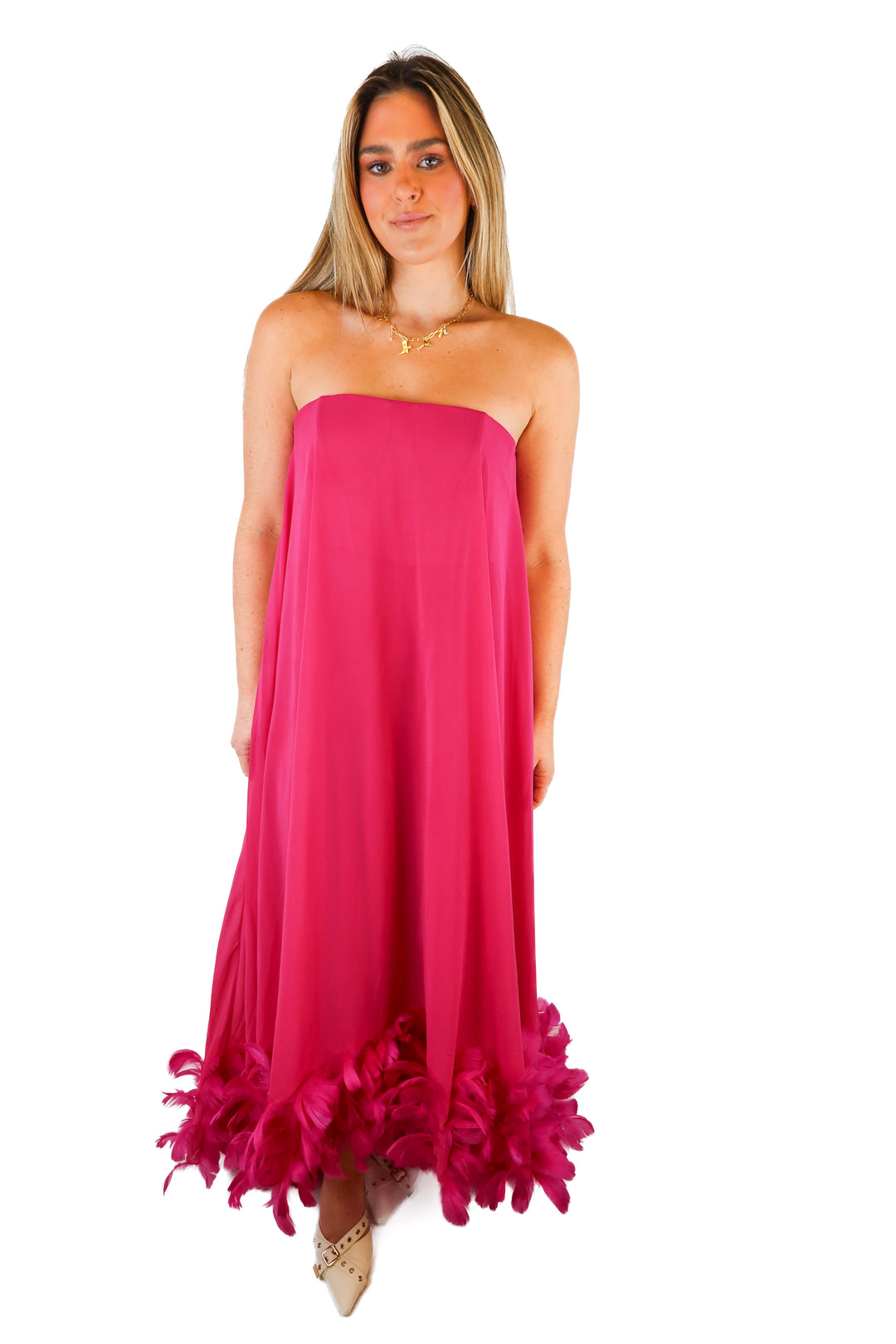 Mac Duggal pink feather bottom dress (2)