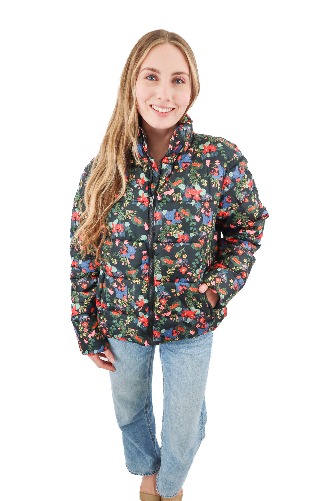 time & tru black floral quilted puffer jacket (m)