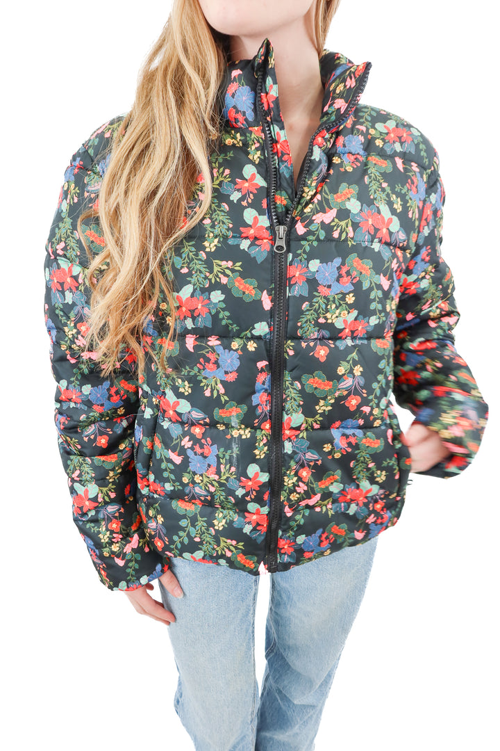 time & tru black floral quilted puffer jacket (m)