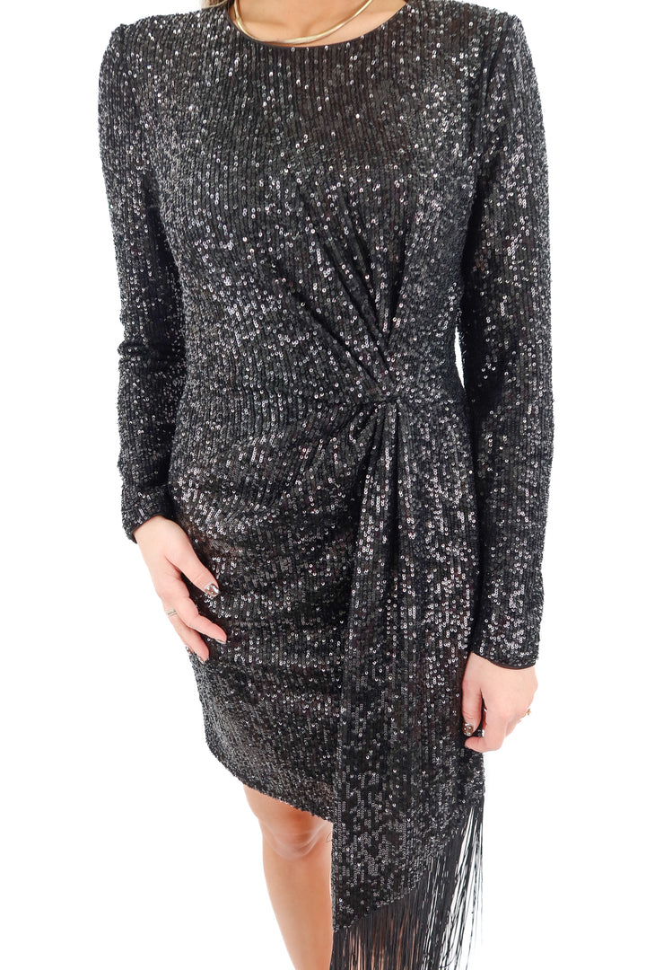 badgley mischka black sequin tie dress (2; retail $530)