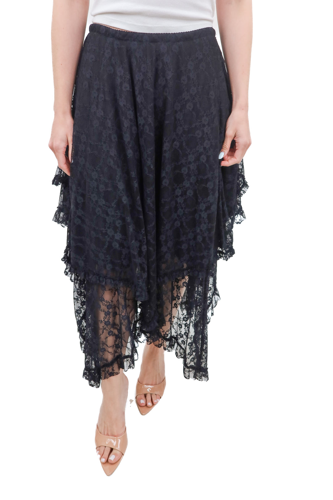 smoke & mirrors black floral lace maxi skirt (m)