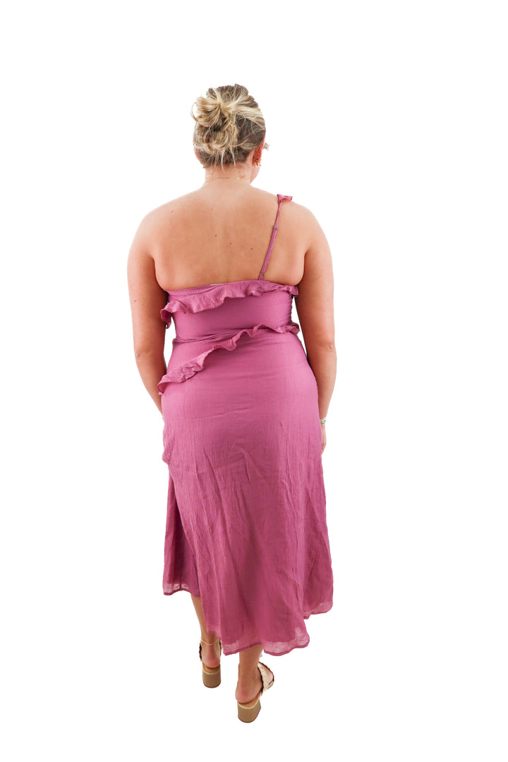 petal + pup dusty rose pink one shoulder dress (m retail; $100)