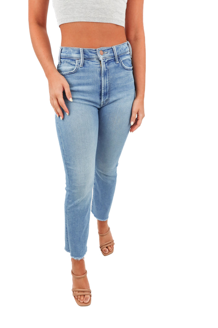 mother light wash straight leg jeans (27; retail $218)