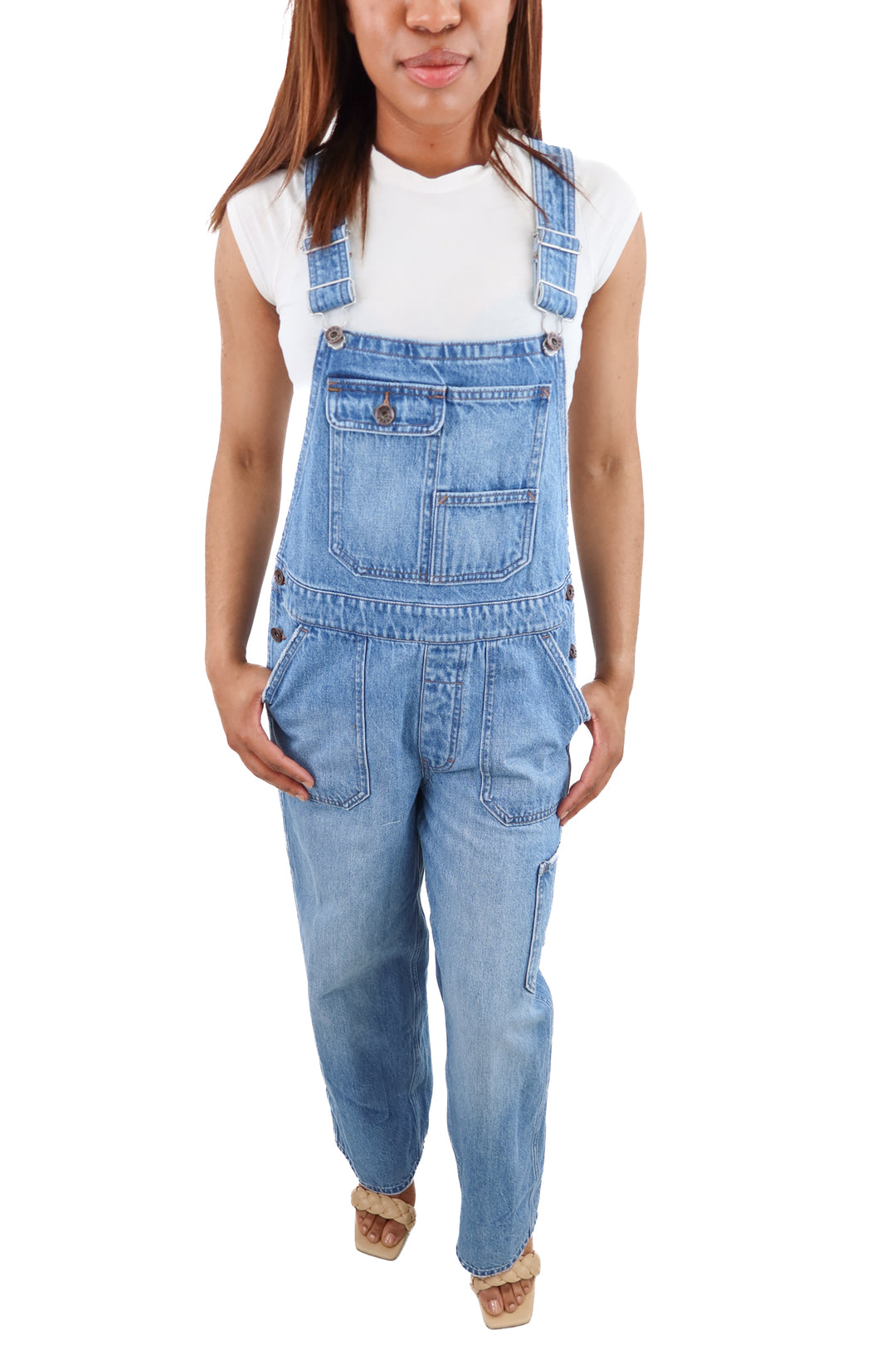 outerknown medium wash overalls (s; retail $198)