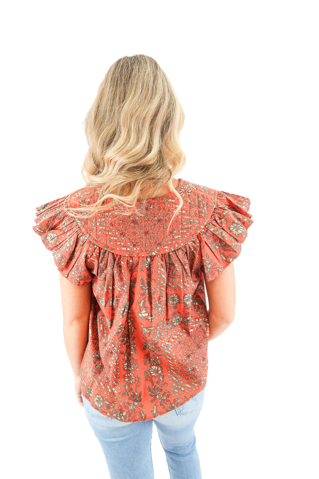 ulla johnson orange floral ruffle top (2; retail $390)