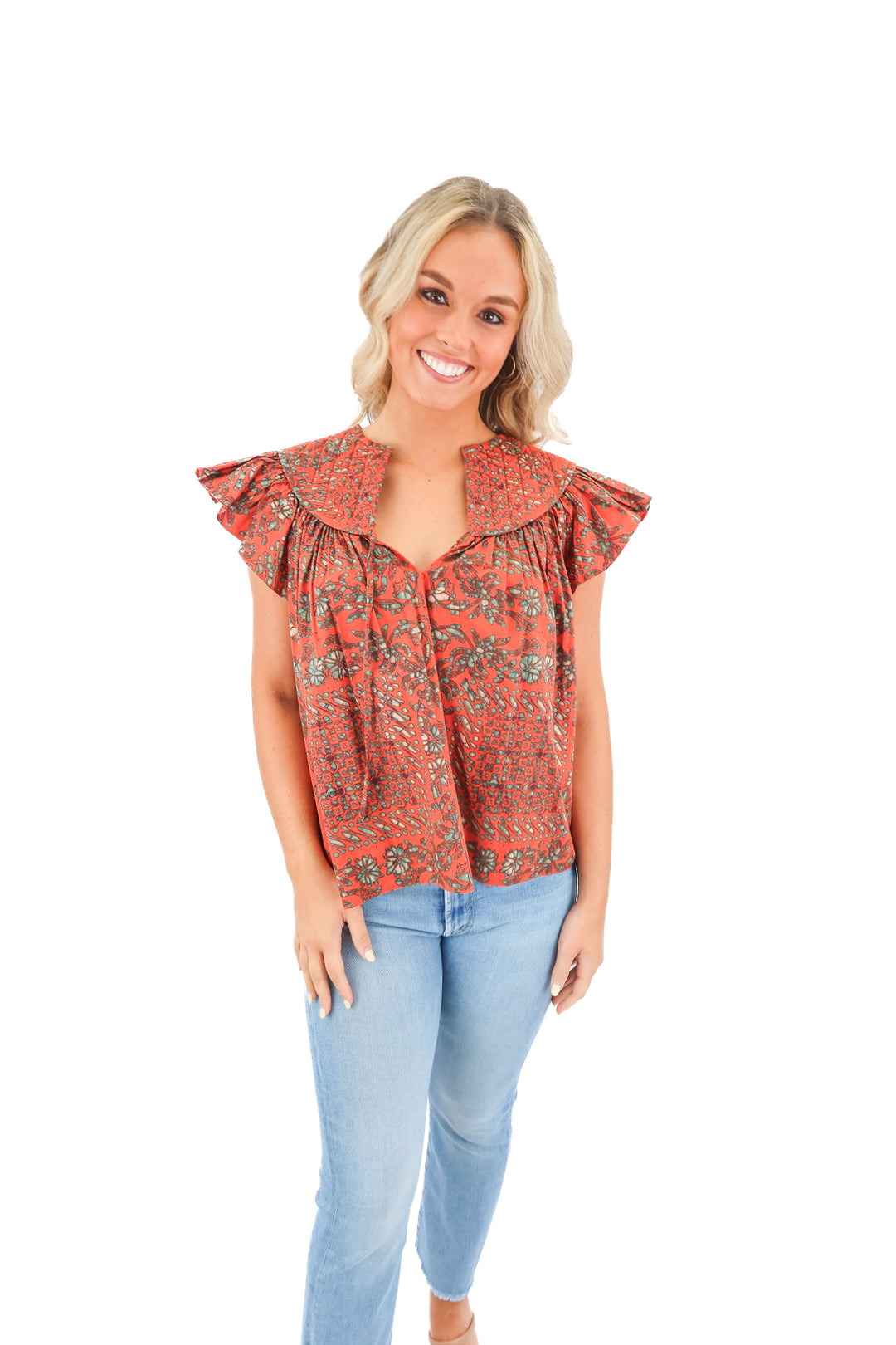 ulla johnson orange floral ruffle top (2; retail $390)
