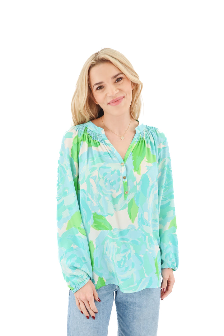 lilly pulitzer blue patterened blouse (m; retail $138)