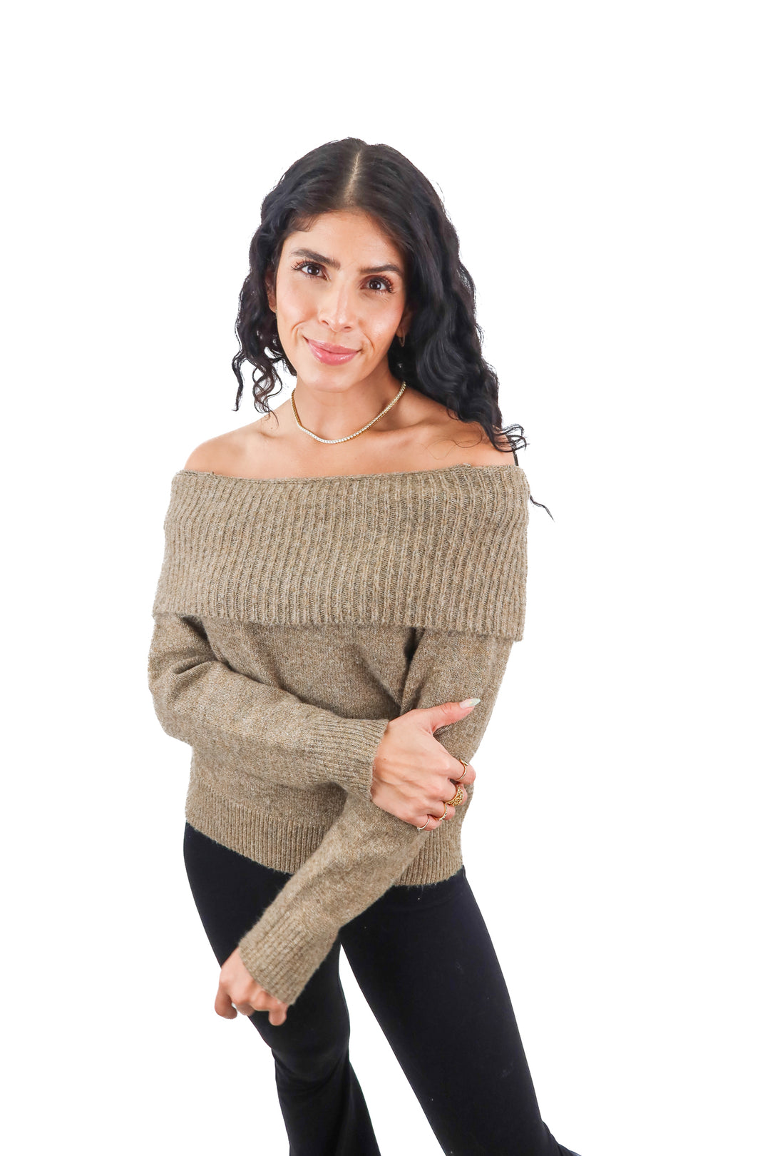 lillusory brown off the shoulder sweater (s)