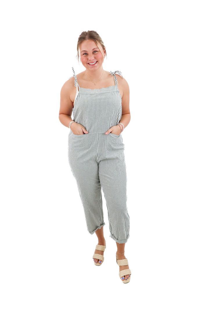 utcoco green and white striped jumpsuit (xl retail; $50)