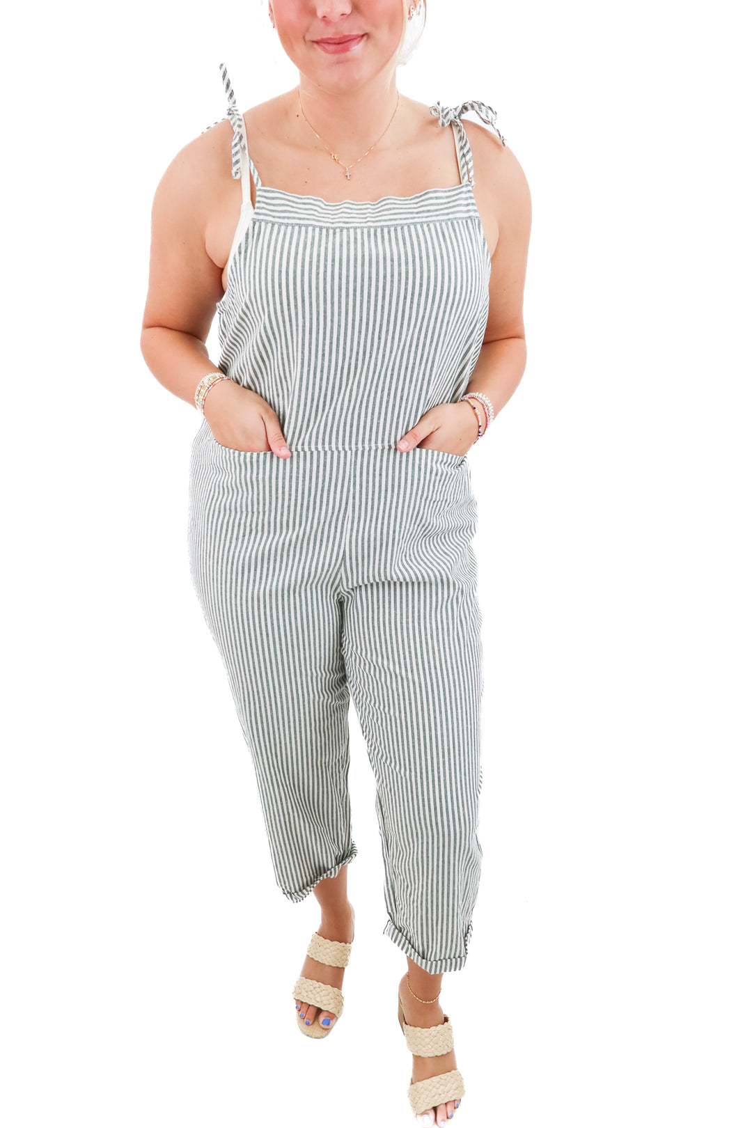 utcoco green and white striped jumpsuit (xl retail; $50)