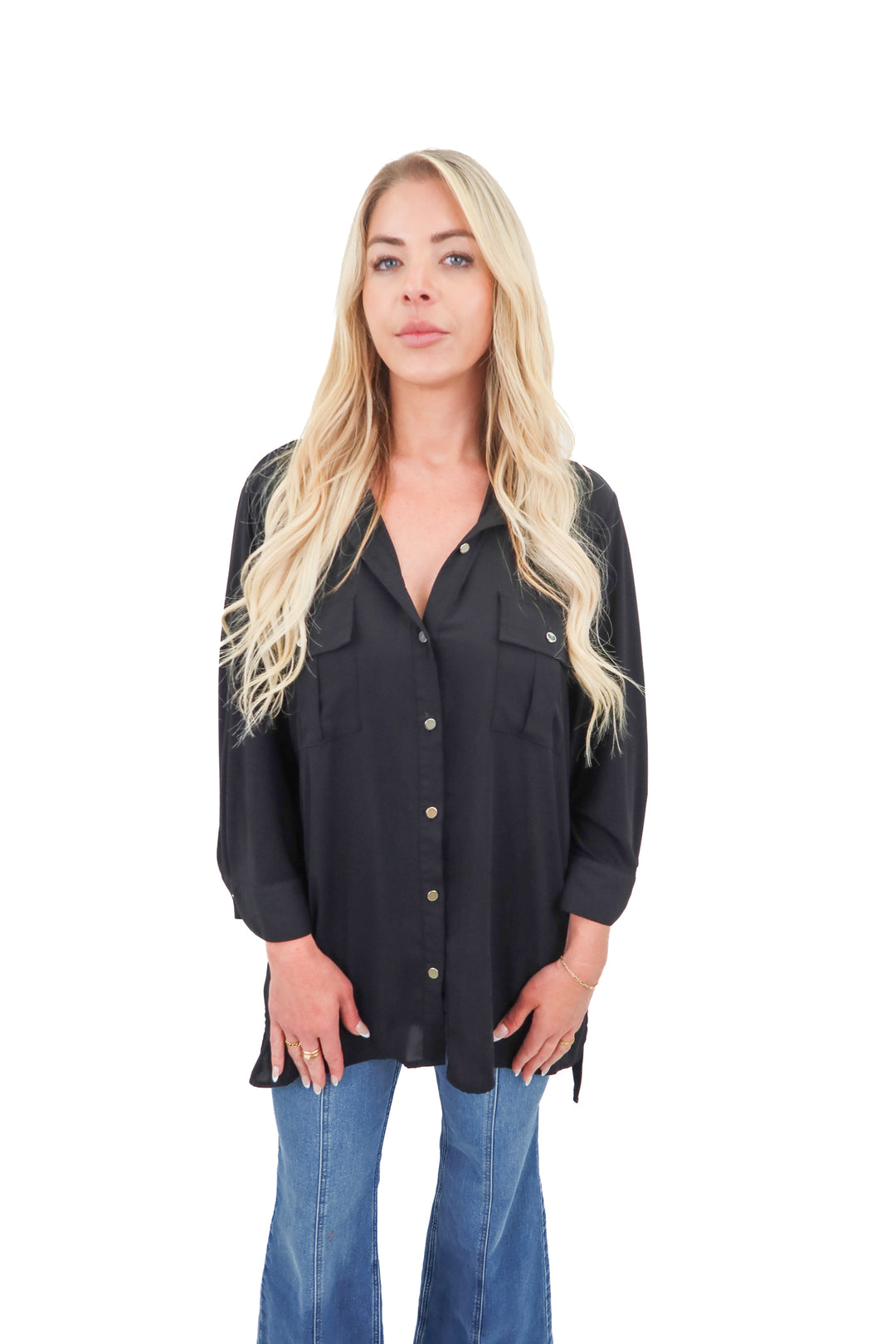 slim factor black button up top (L)