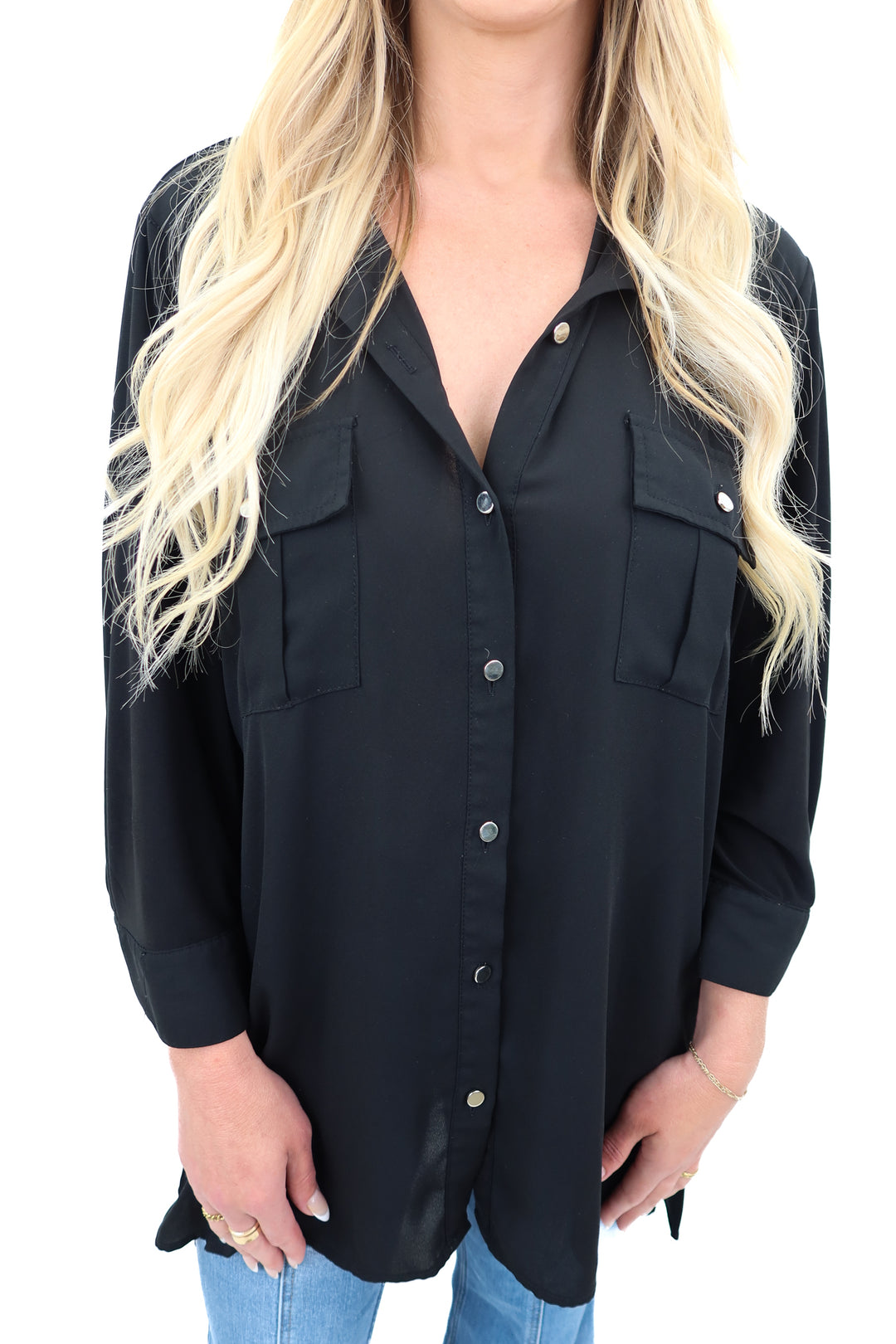 slim factor black button up top (L)