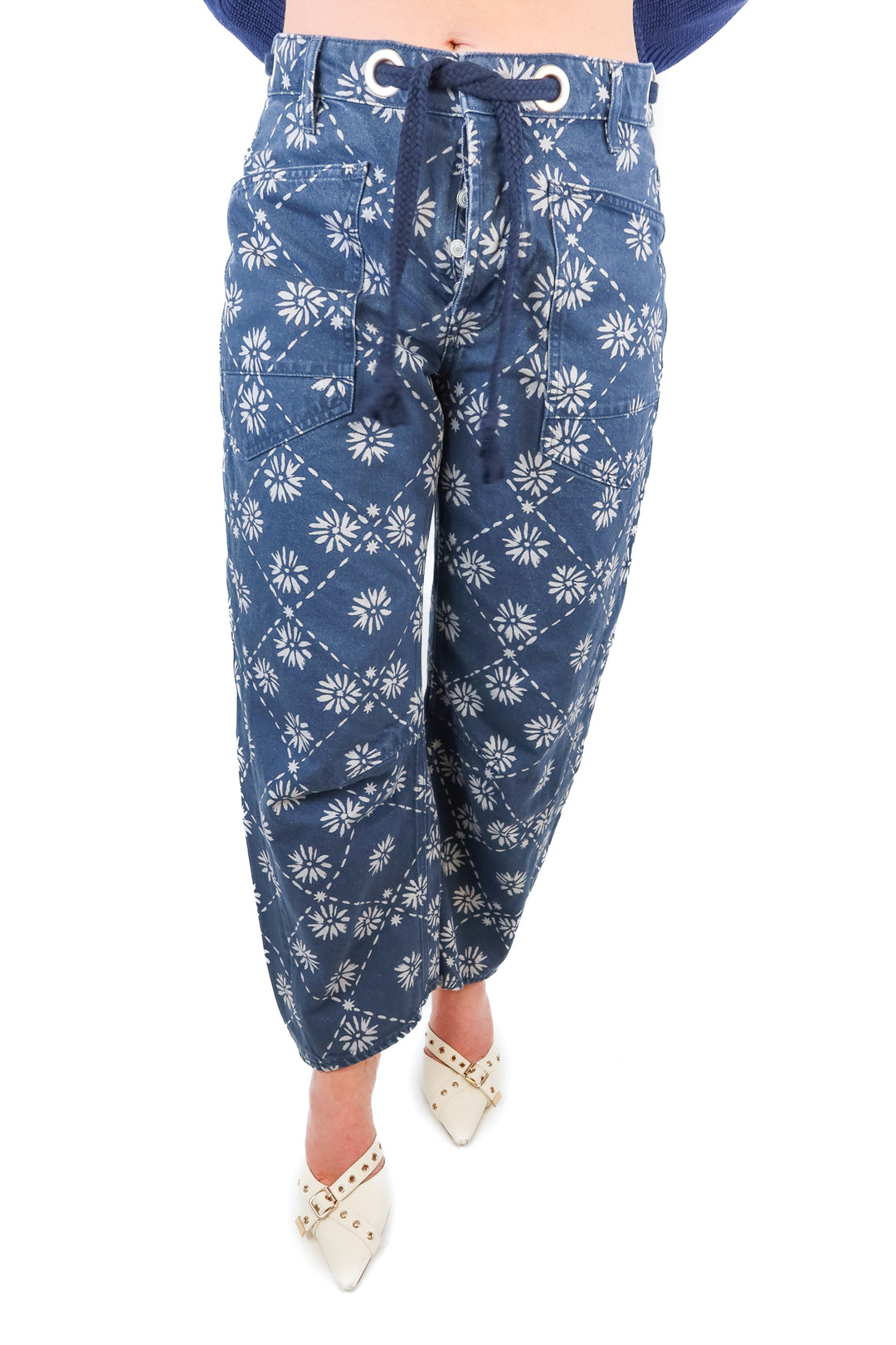 Free People blue denim floral jeans (27; retail $128)