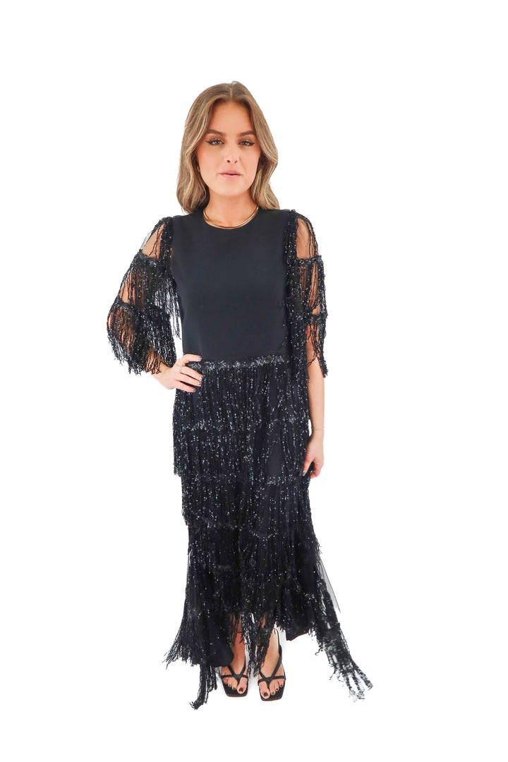 christian siriano black black sequin fringe maxi dress (xs; retail $1,400)