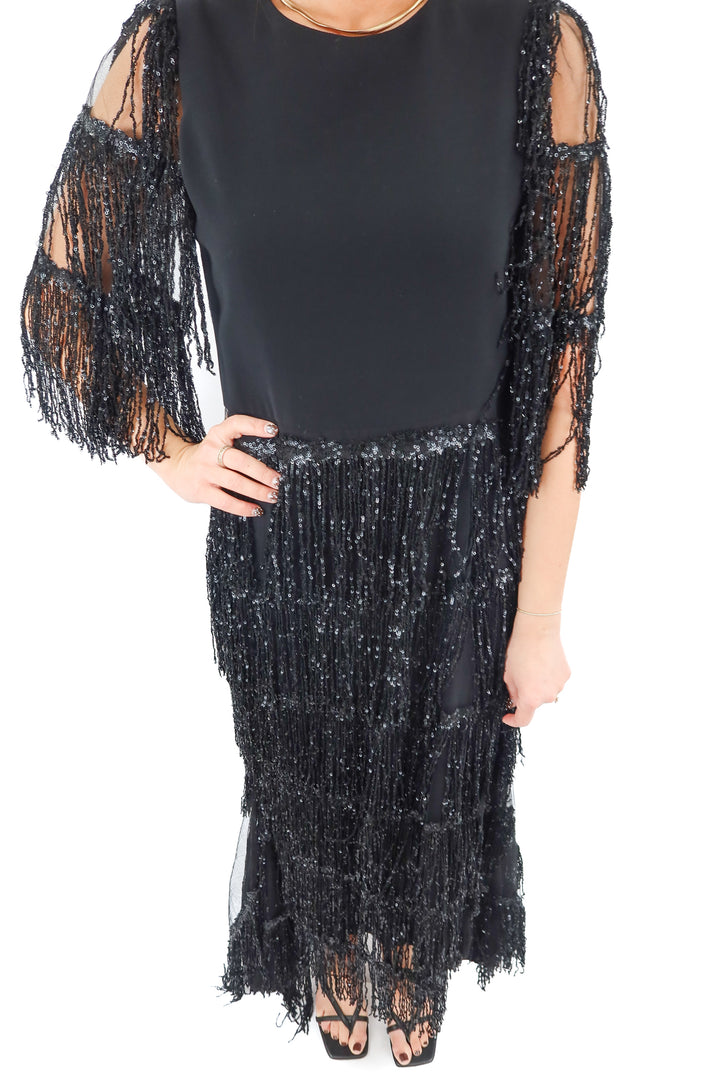 christian siriano black black sequin fringe maxi dress (xs; retail $1,400)