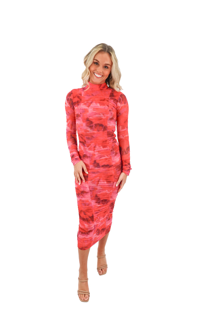 AUCTION rococo sand pink/red ruched dress (xs)* would best fit a 0-2- ends 11/11 at 8pm CT