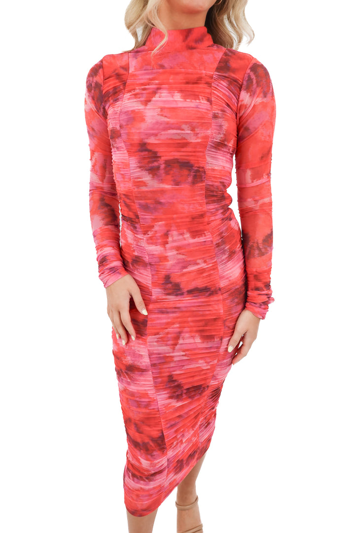 AUCTION rococo sand pink/red ruched dress (xs)* would best fit a 0-2- ends 11/11 at 8pm CT